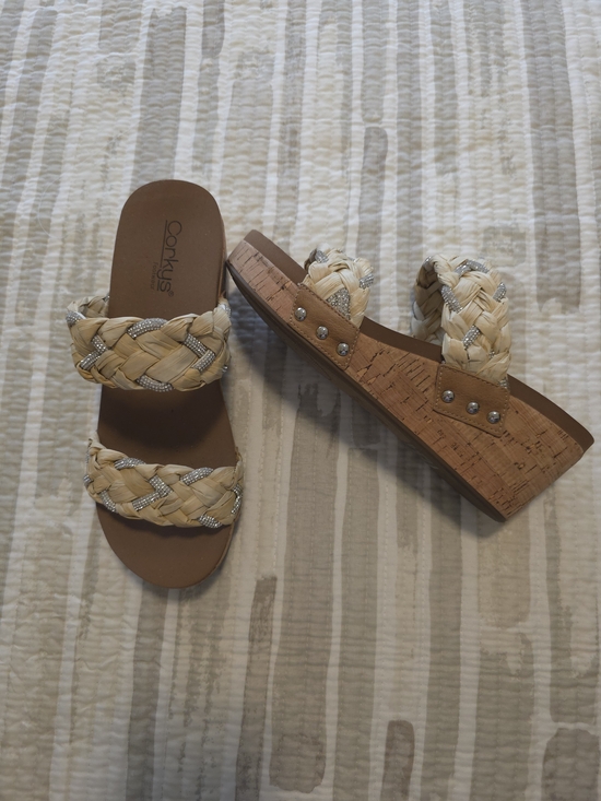 Corkys Shoes - Corkys Cream Braided Cork Platform Wedge Sandals with Metallic Trim